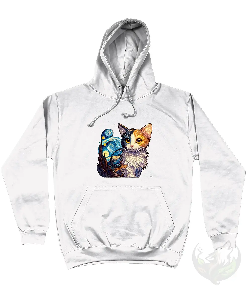 Thumbnail: White unisex hoodie with colourful Pixels Cat design displayed as a flat lay product mockup.
