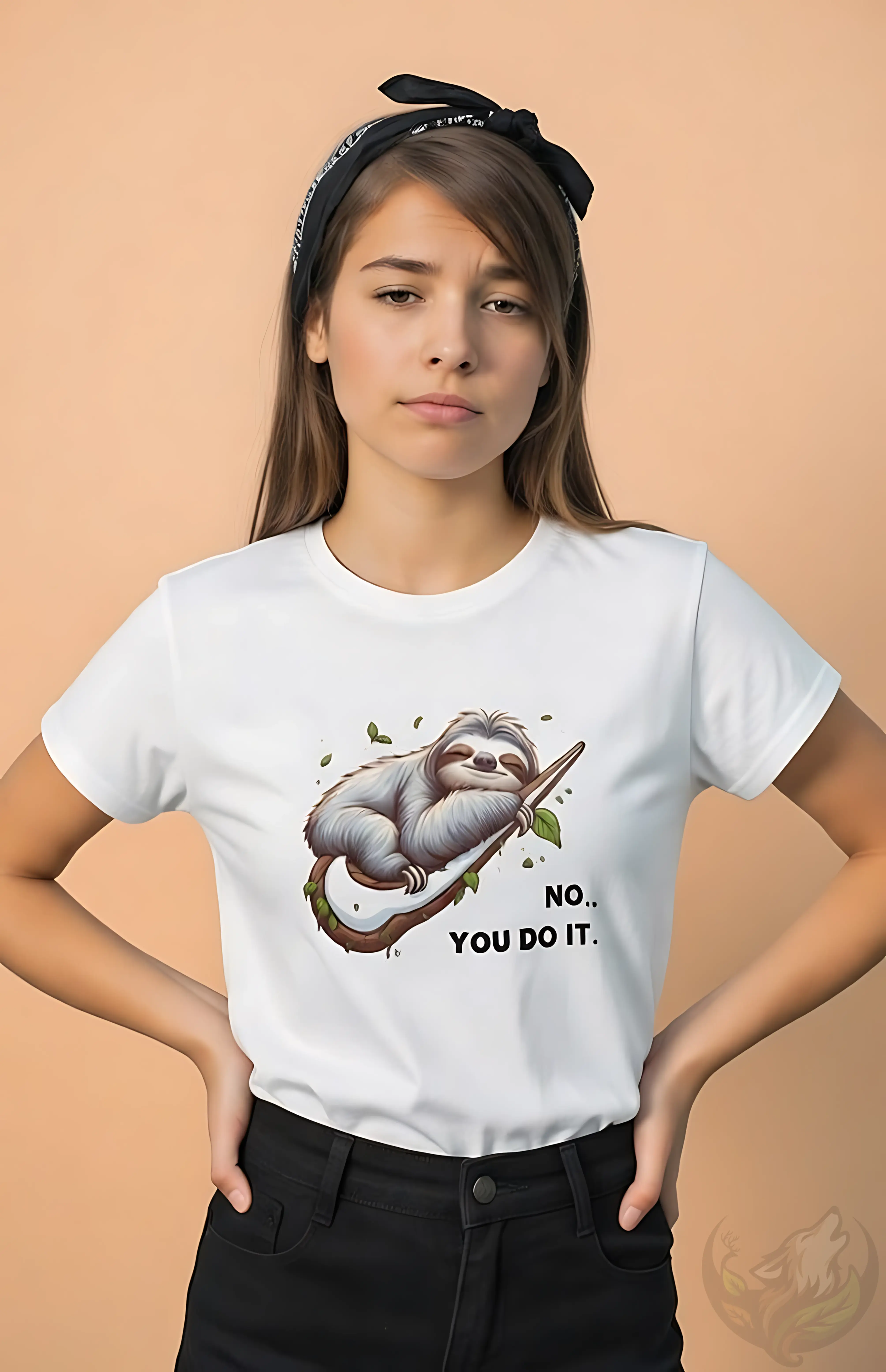 Woman with long brown hair wearing a white fitted t-shirt with humorous "No.. You Do It." sloth illustration.