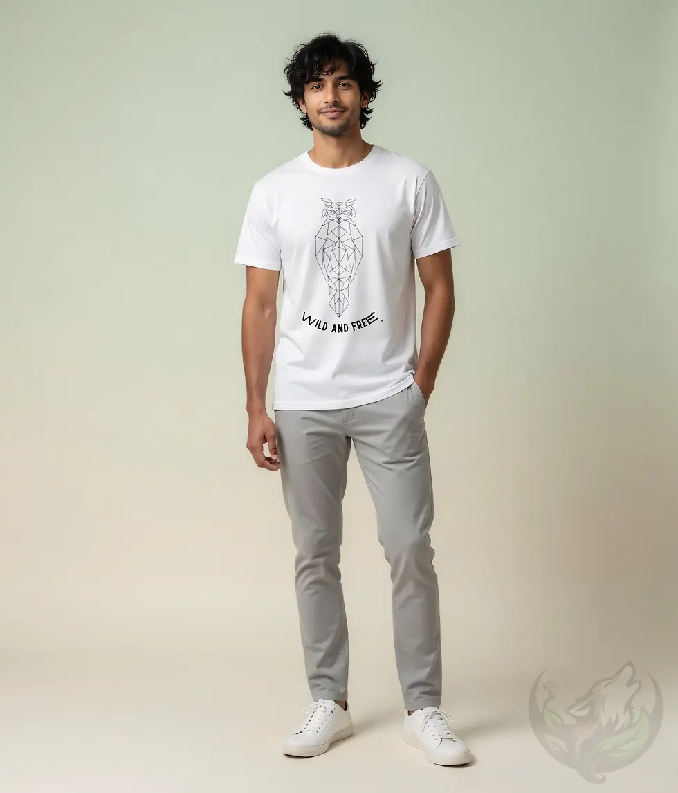 White unisex t-shirt worn by smiling man with curly hair in studio, geometric owl "Wild and Free".