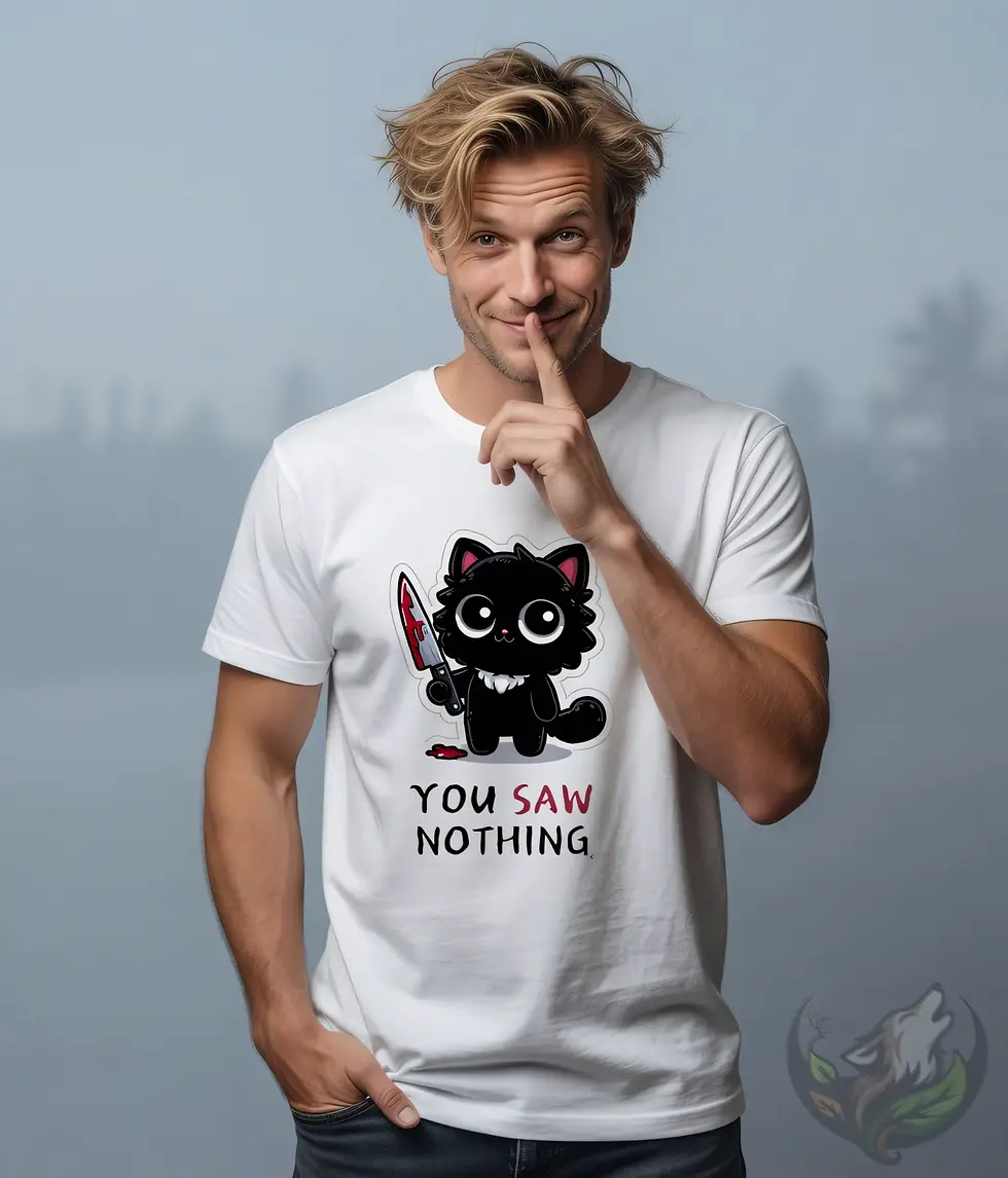 Thumbnail: Blond man wearing white unisex “You Saw Nothing” black cat graphic t-shirt in studio portrait