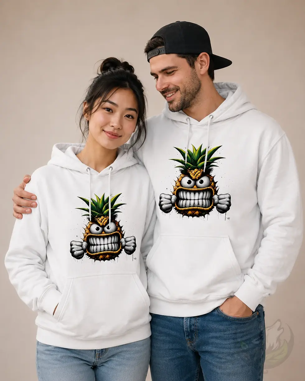 Couple wearing white unisex hoodies featuring matching angry graffiti pineapple designs.