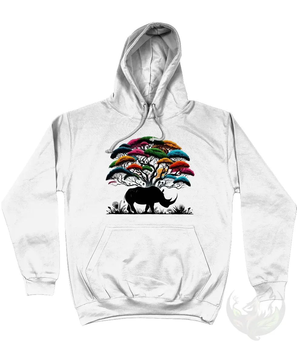 Thumbnail: White unisex hoodie flat lay showing colorful tree and black rhino silhouette