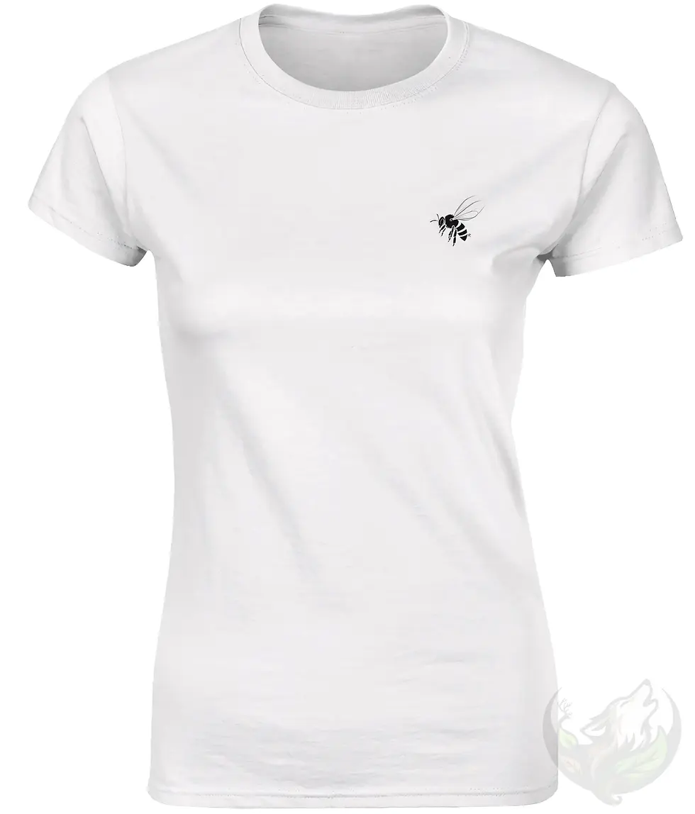 Thumbnail: White women’s fitted t-shirt featuring a small elegant bee line drawing on the left upper side.