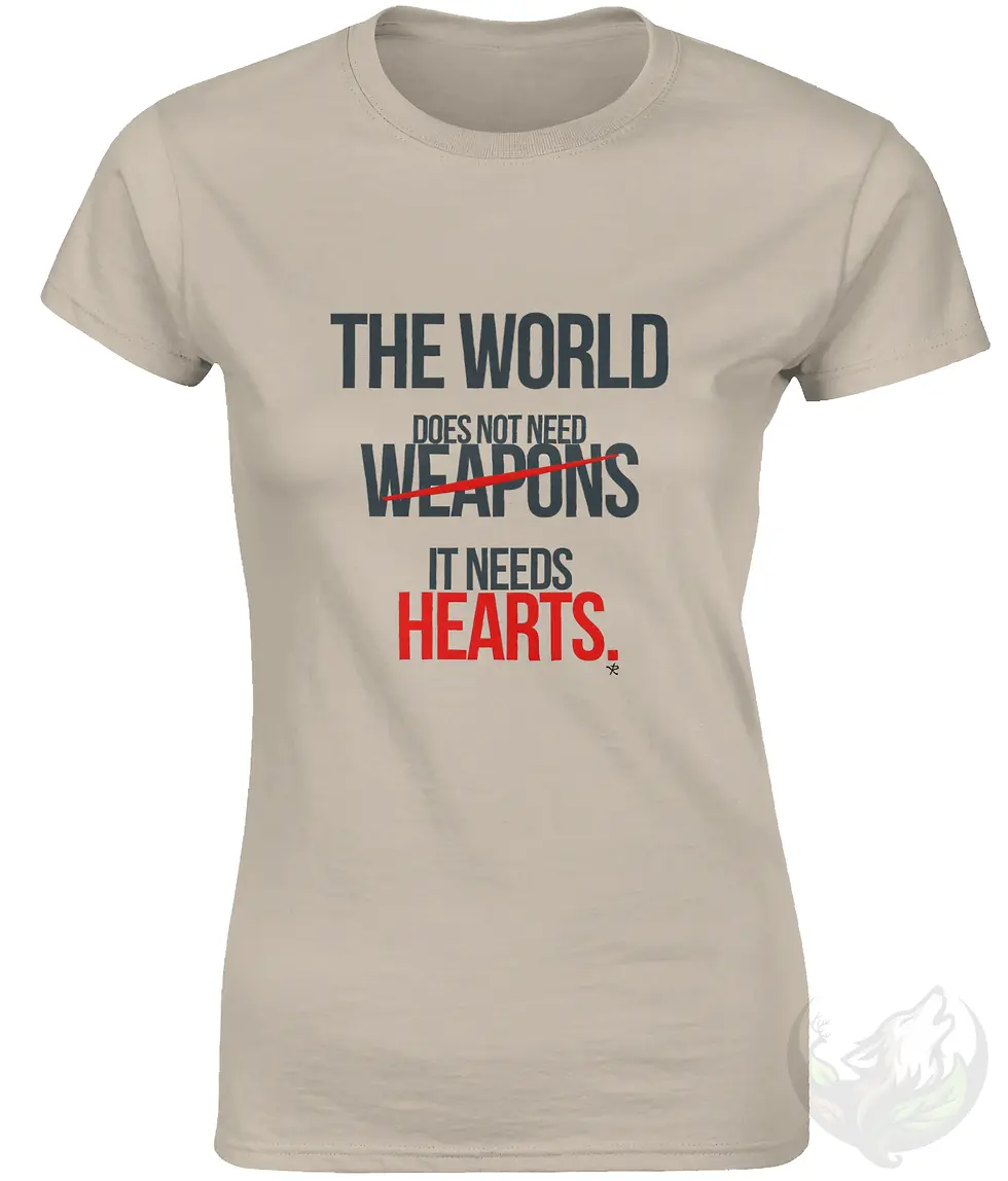 Thumbnail: Fitted sand t‑shirt with peace‑focused text displayed on flat lay, beige fabric and bold red accents.