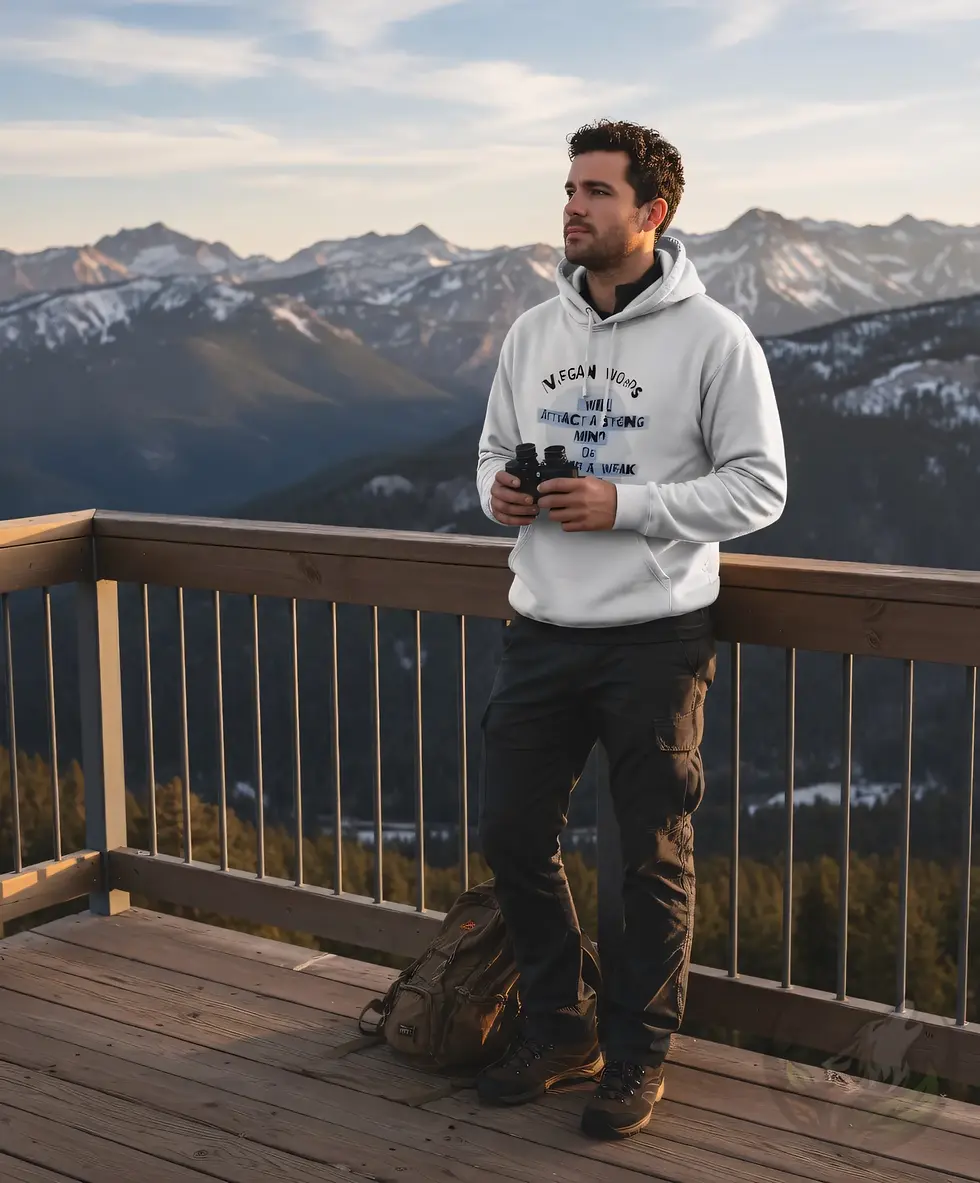 Thumbnail: Light gray unisex hoodie with "VEGAN WORDS" text and quote "WILL ATTRACT A STRONG MIND OR OFFEND A WEAK ONE".