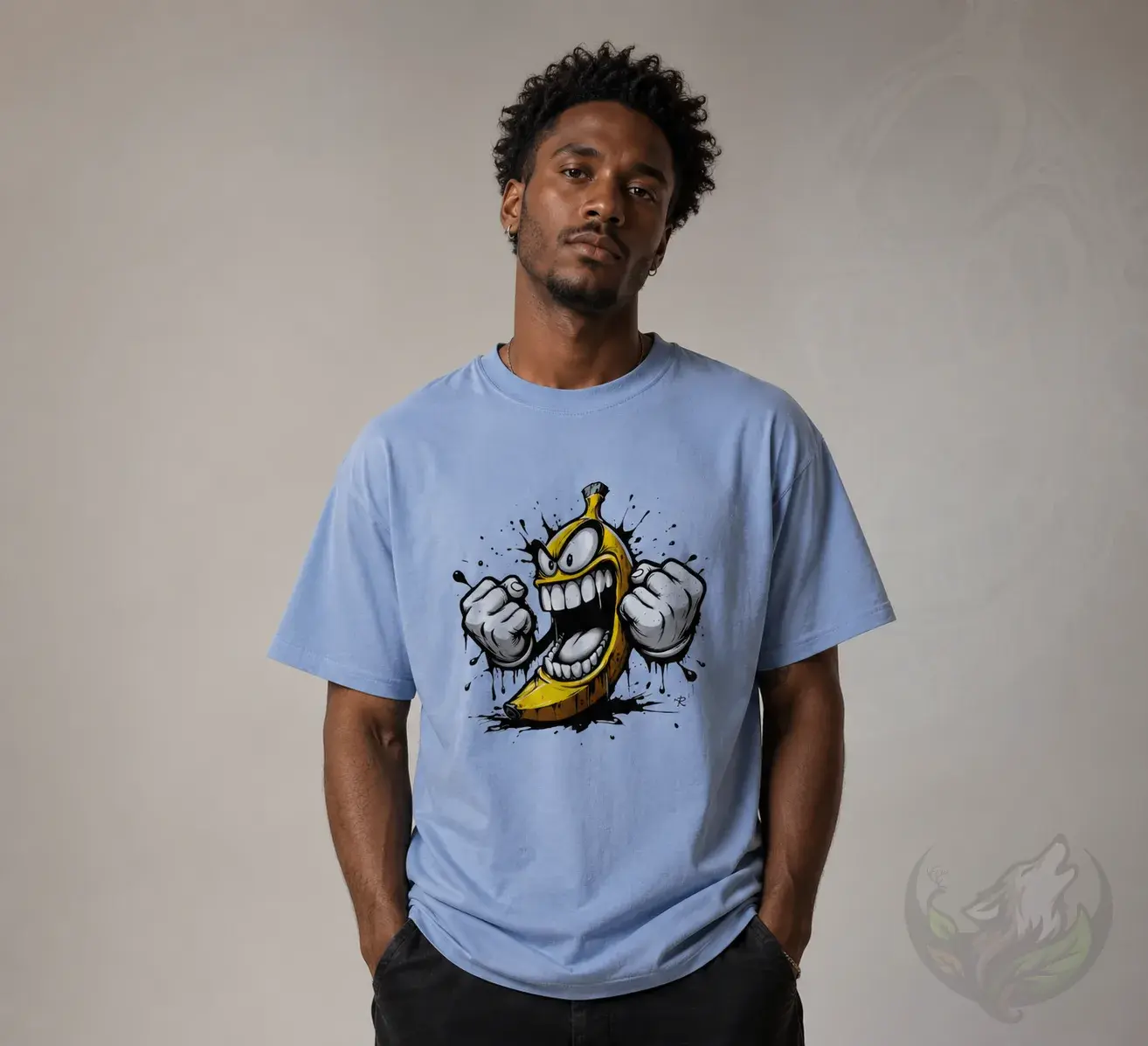 Light blue unisex graffiti angry banana shirt worn by male model with bold yellow artwork