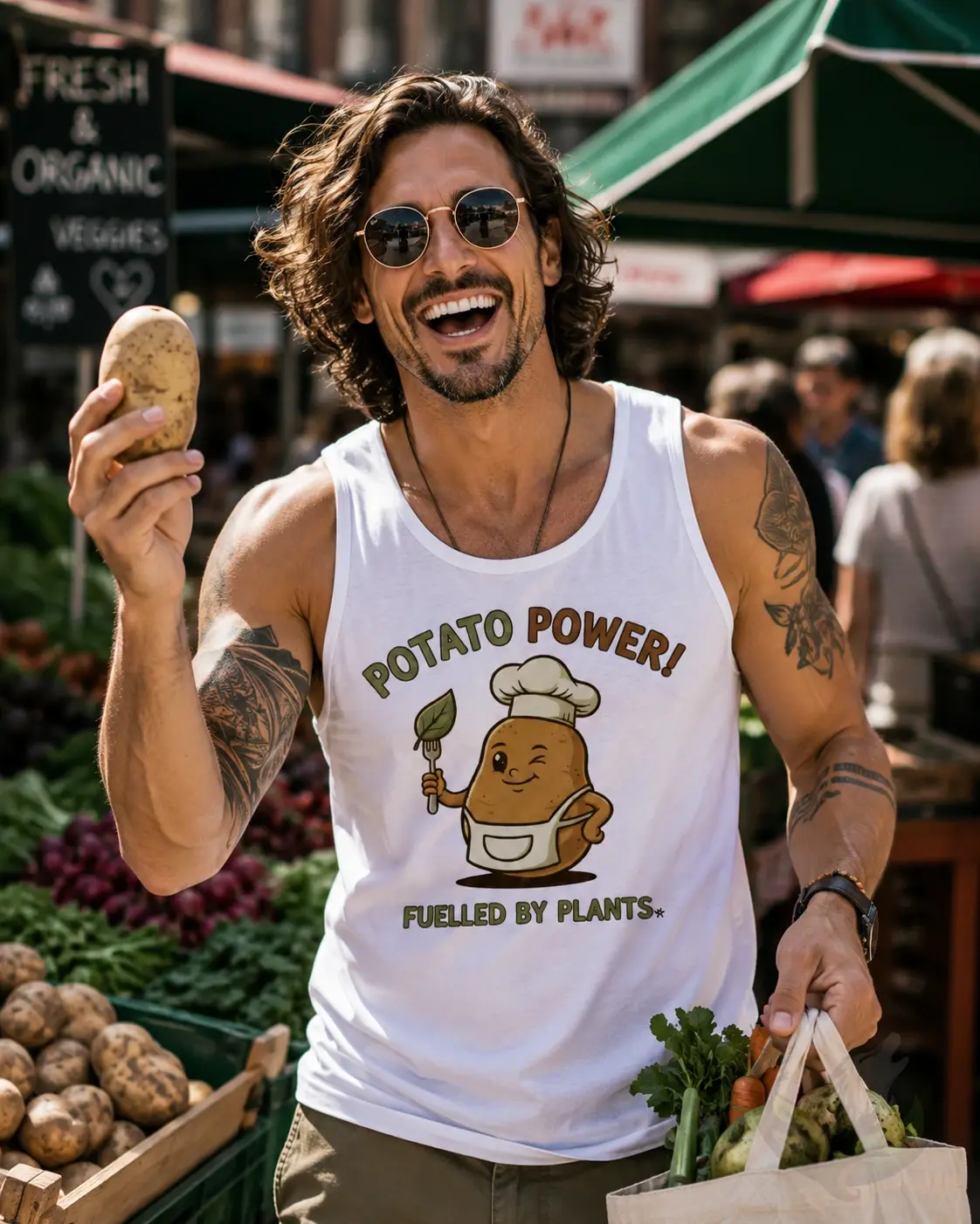 A person standing at a farmers market wearing a white men’s Funny Potato Power vegan tank top featuring a smiling potato chef
