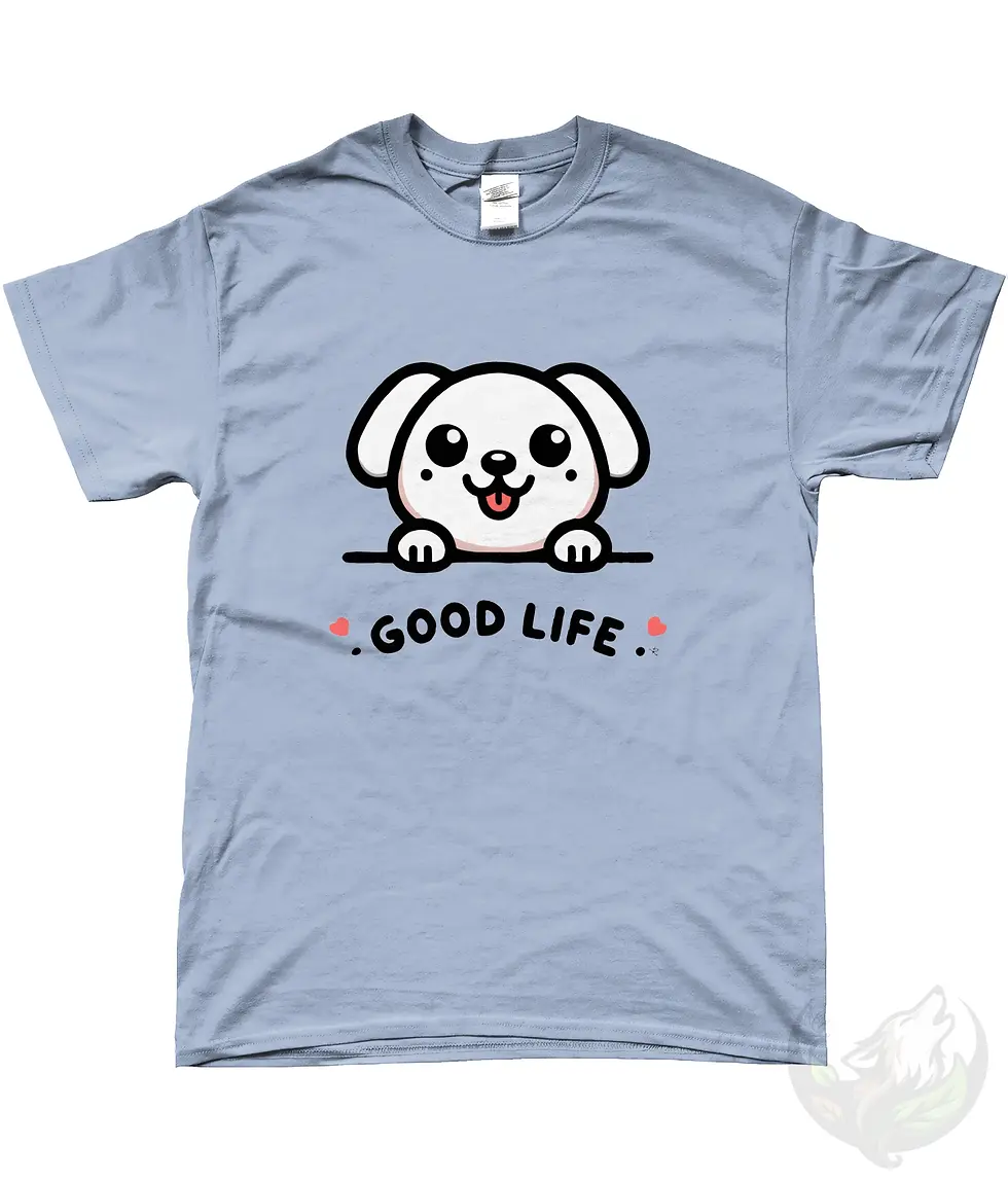 Thumbnail: Light blue unisex shirt flat lay with cute dog Good Life cartoon design and small pink hearts