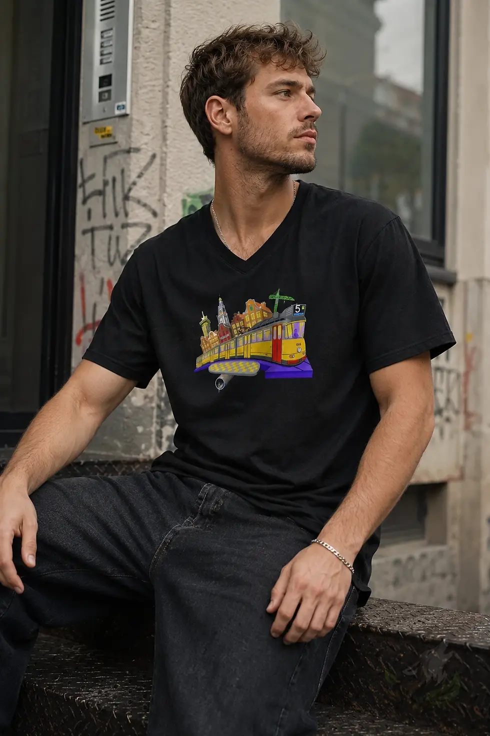 Thumbnail: Male model sitting outdoors wearing black DefP Tram 5 V-neck shirt with Amsterdam inspired artwork