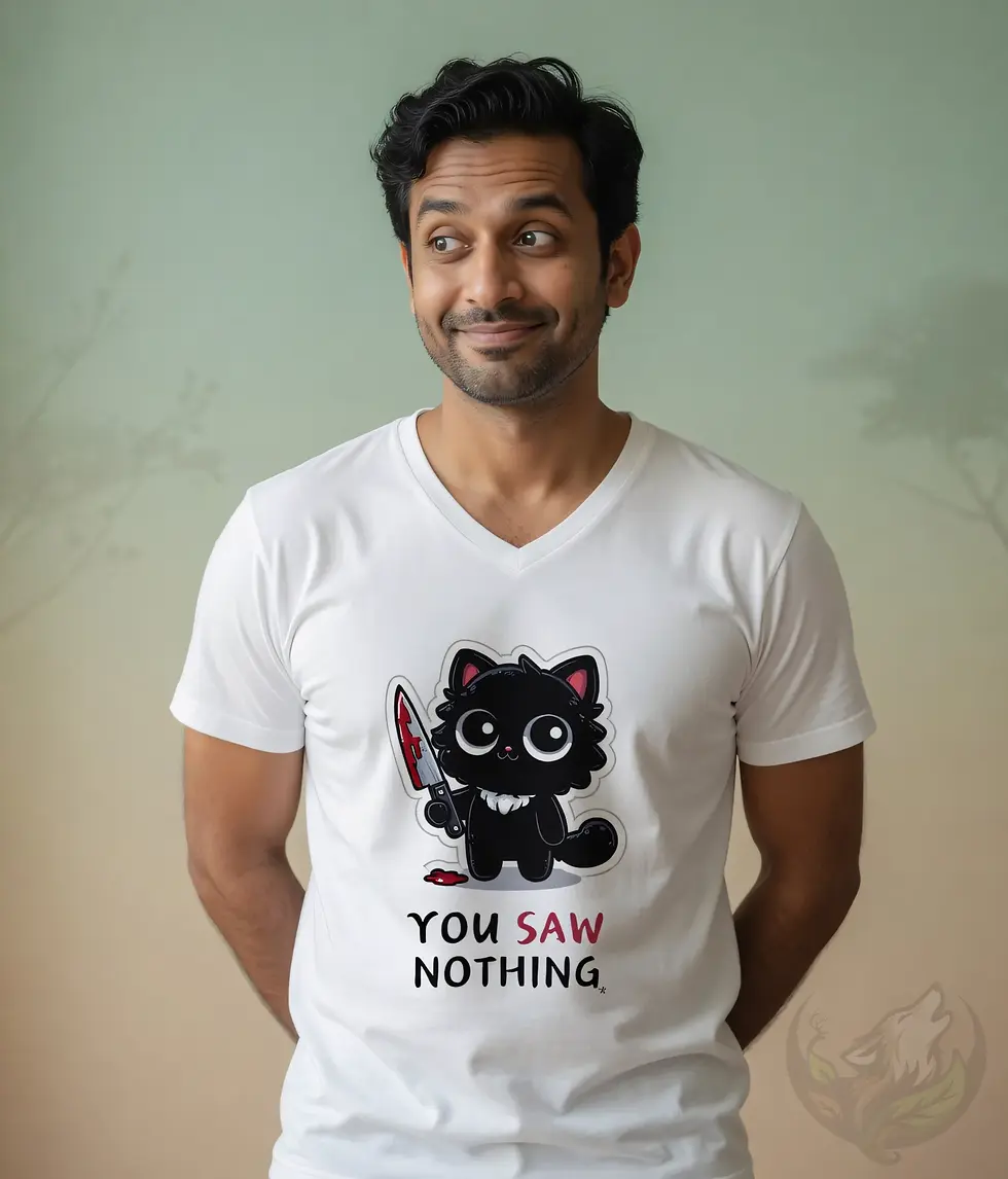 Thumbnail: Man wearing white V-neck “You Saw Nothing” black cat graphic t-shirt in studio portrait