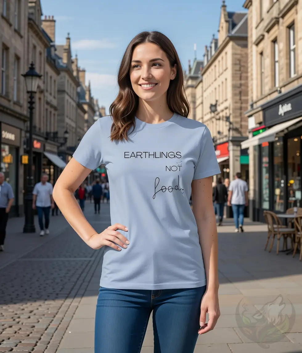 Thumbnail: Light blue fitted tee with the Vegan Quotes “Earthlings Not Food” design worn on a cobblestone street.