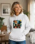 Smiling woman wearing a white hoodie with colorful pixel-style dog artwork in a bright modern living room