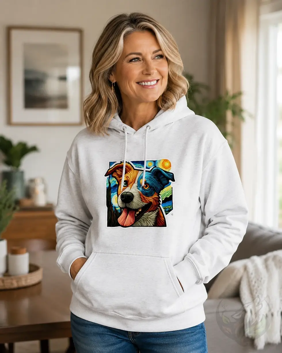 Smiling woman wearing a white hoodie with colorful pixel-style dog artwork in a bright modern living room