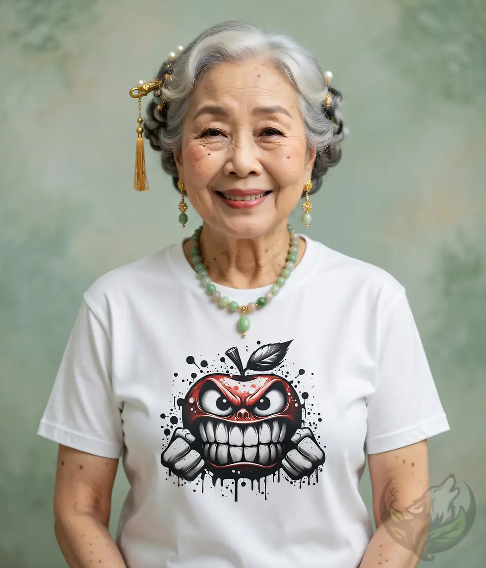 Smiling woman with blonde hair wearing a white fitted t-shirt featuring a bold graffiti angry apple character.