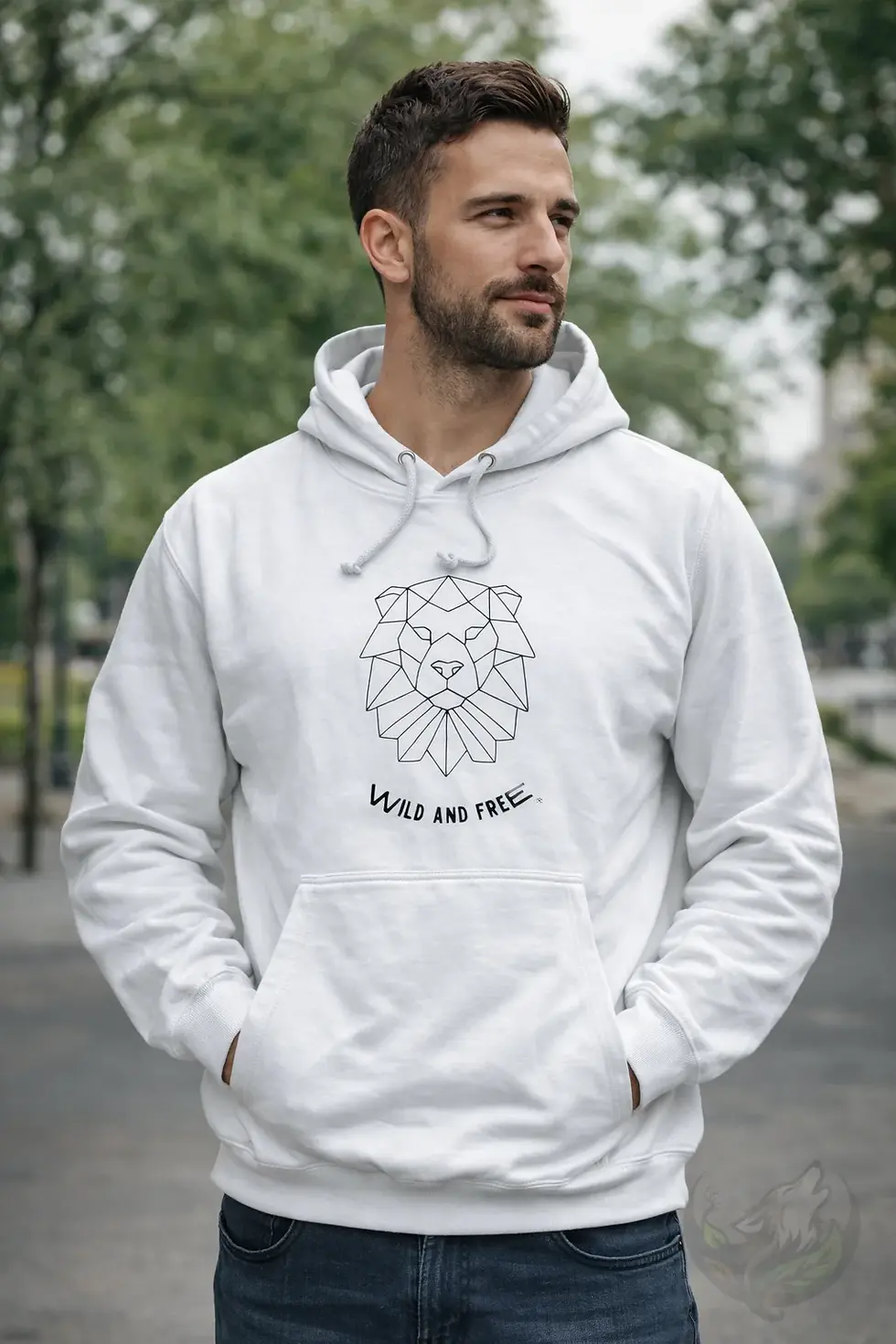 Thumbnail: White unisex hoodie displaying geometric lion illustration with "WILD AND FREE" text underneath.