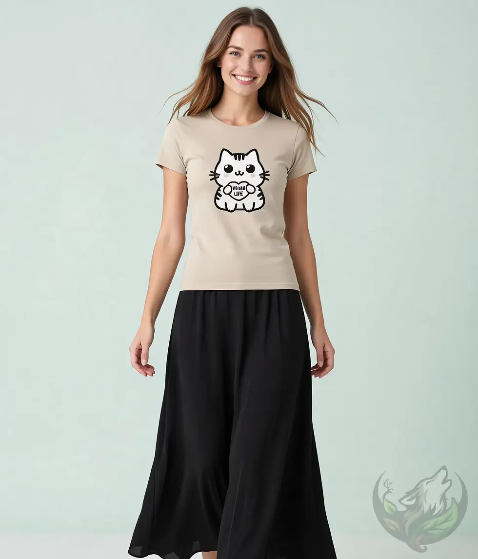 Thumbnail: Sand fitted tee with Cute Cat Vegan Life design shown against a soft pastel backdrop with gentle lighting.