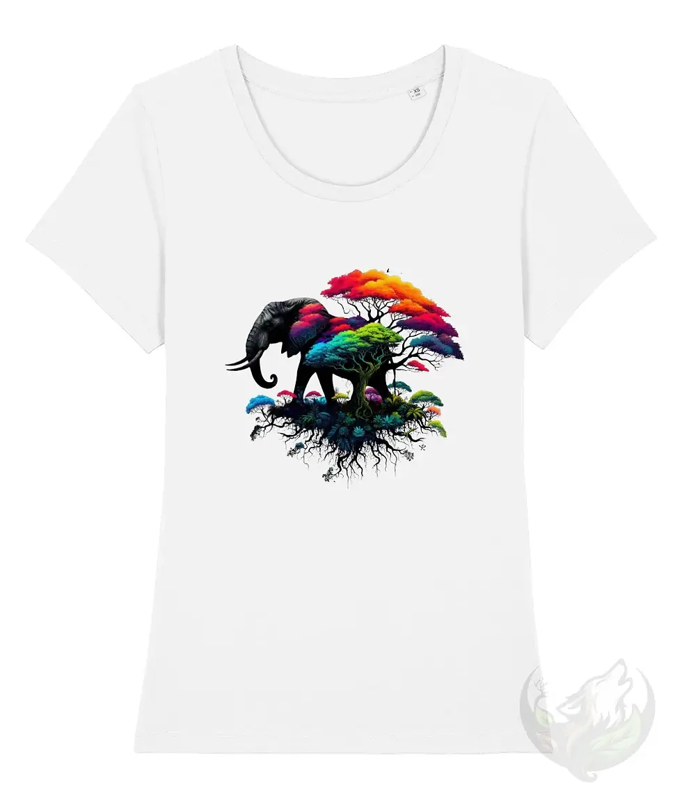 Thumbnail: White scoop neck tee with a colorful elephant illustration shown on a crisp, professional mockup layout.