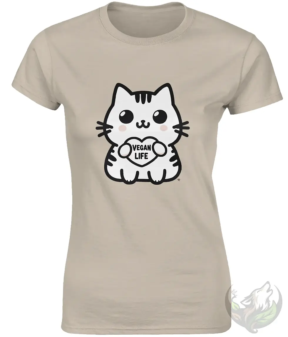 Thumbnail: Sand fitted tee with Cute Cat Vegan Life design displayed on a clean neutral background with soft lighting.