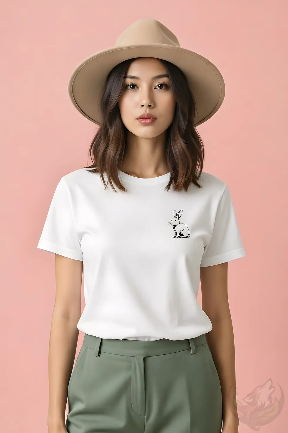 Woman wearing a wide-brim hat in a white fitted t-shirt with a delicate minimalist rabbit line art on the left chest.