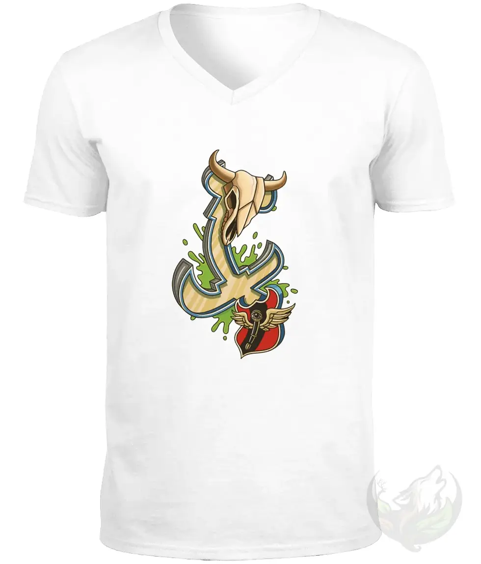 Thumbnail: White DefP Twisted Cross V-neck shirt with detailed skull and cross artwork printed on front