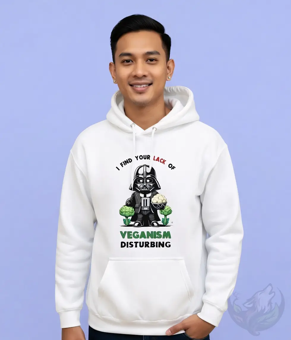 Thumbnail: Man smiling in white unisex hoodie with funny cartoon Darth Vader holding cauliflower and VEGANISM DISTURBING text