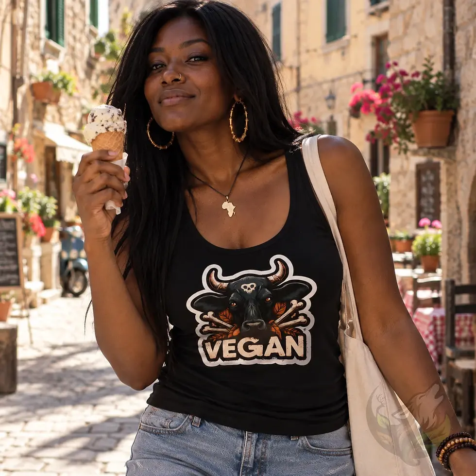 Woman wearing black vegan tank top with spooky bull vegan design outdoors