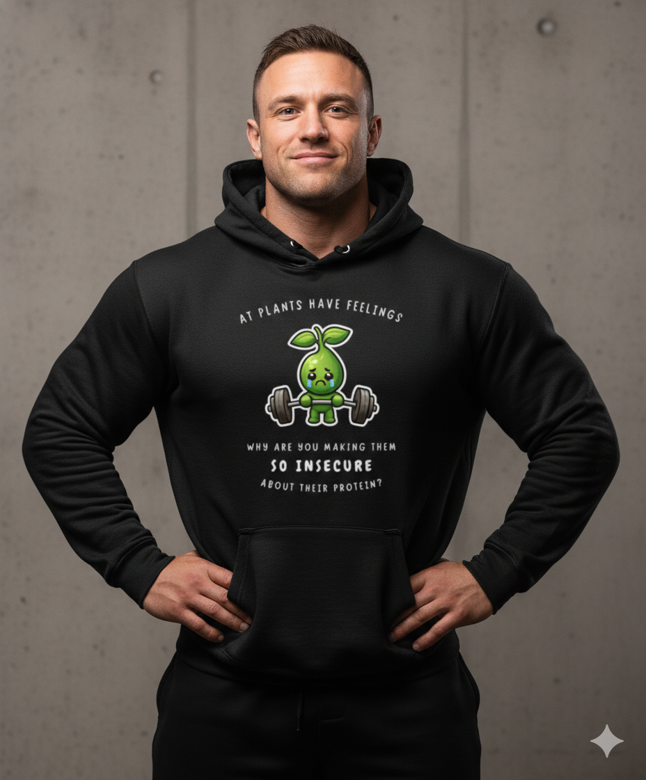 Thumbnail: Urban morning shot of a black If Plants Have Feelings men’s hoodie with a funny plant‑lifting graphic.