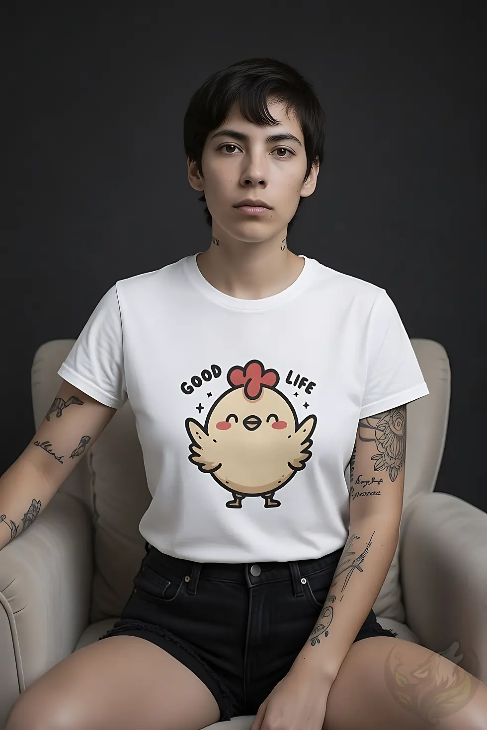 Thumbnail: Woman wearing a white good life shirt with a cartoon chicken and “Good Life” text, sitting in a chair