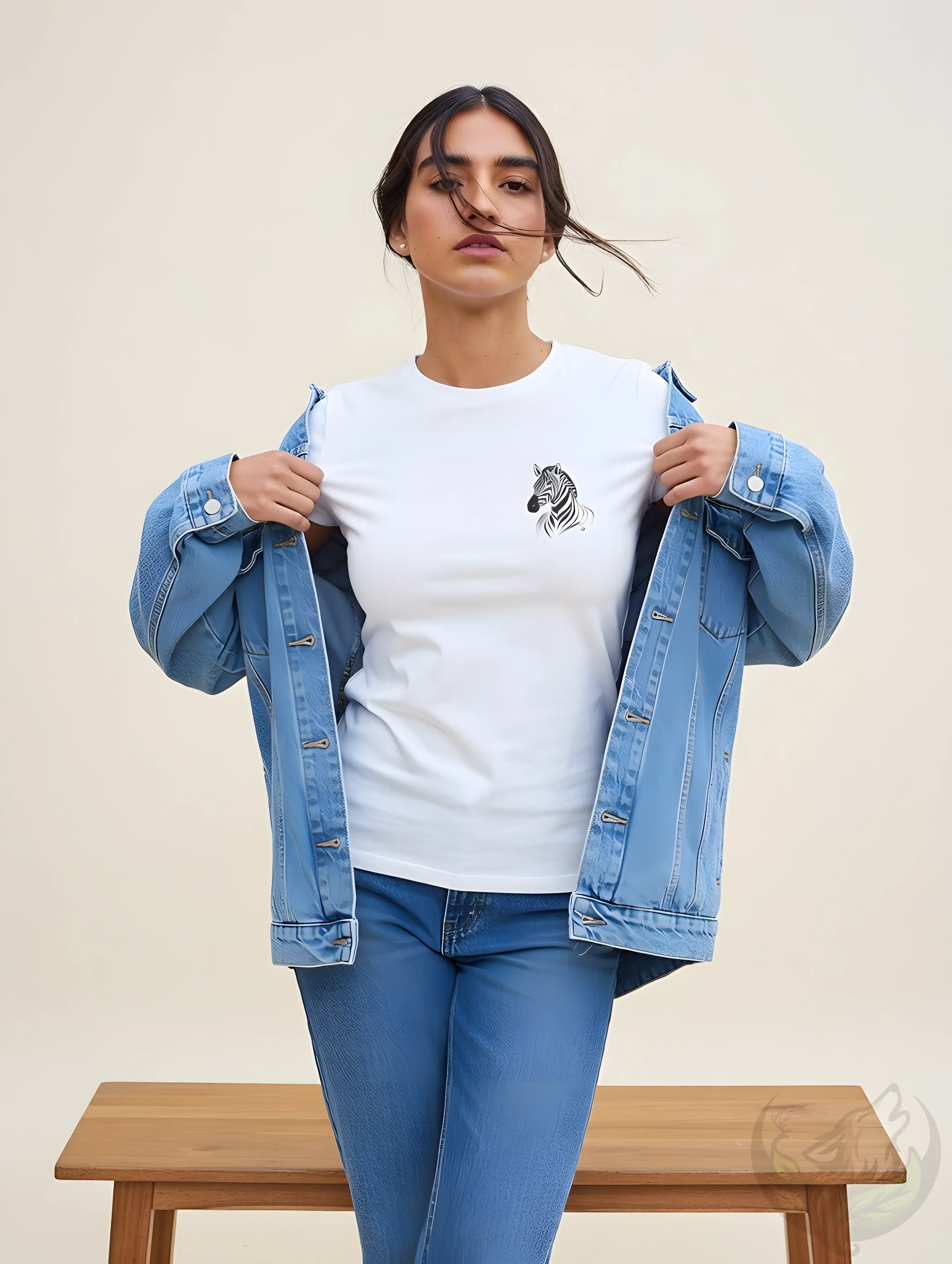 Woman wearing a denim jacket over a white fitted t-shirt with a minimalist zebra design on the left chest.