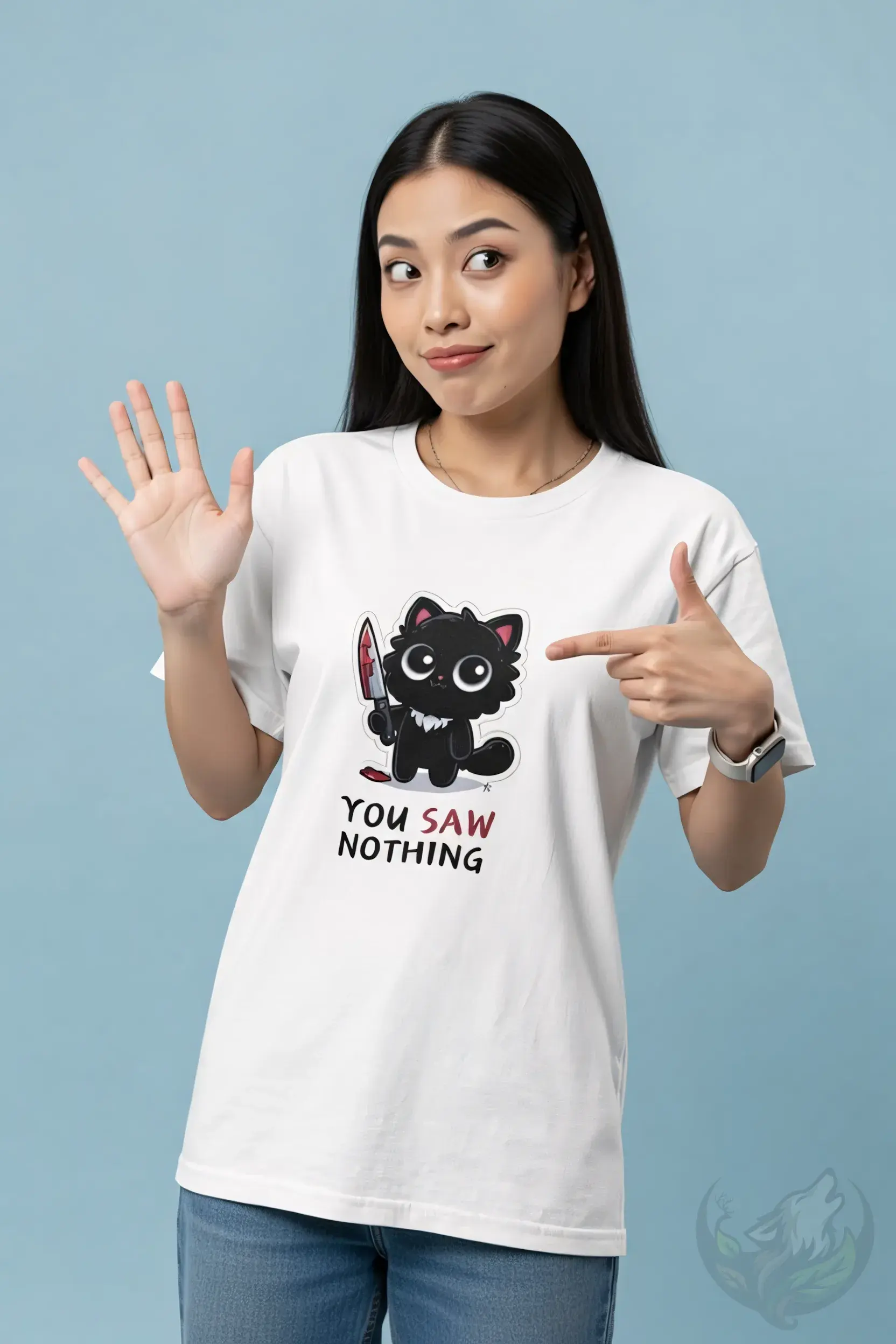 Woman in white fitted t-shirt with funny black cat holding knife "You Saw Nothing" graphic design.