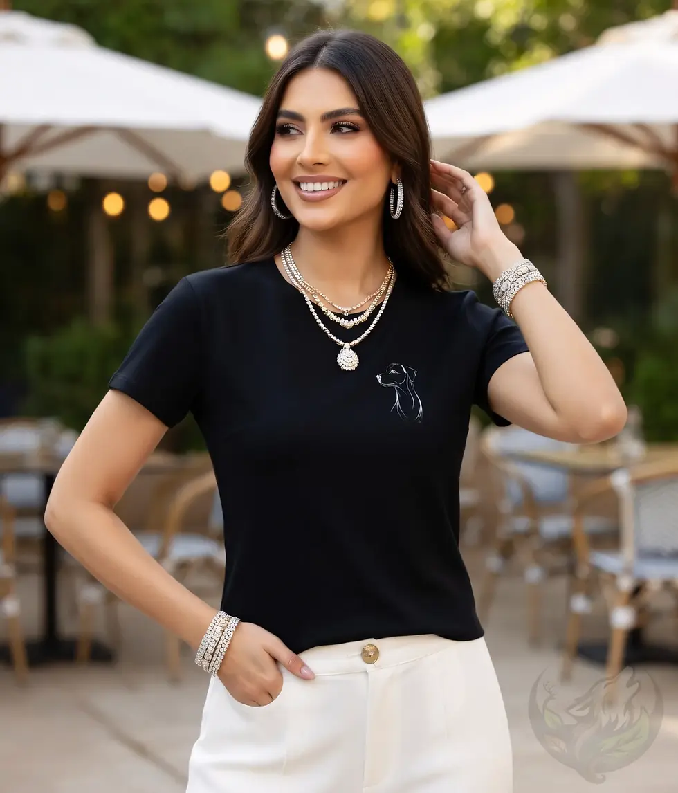 Woman smiling outdoors wearing a black fitted t-shirt with a minimalist dog design on the left chest.