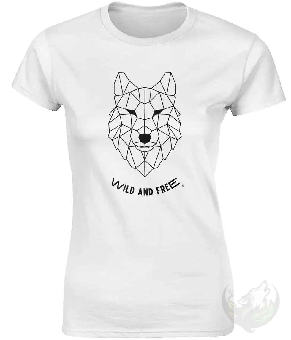 Thumbnail: White fitted tee with geometric wolf Wild and Free design displayed on a crisp, minimal mockup background.