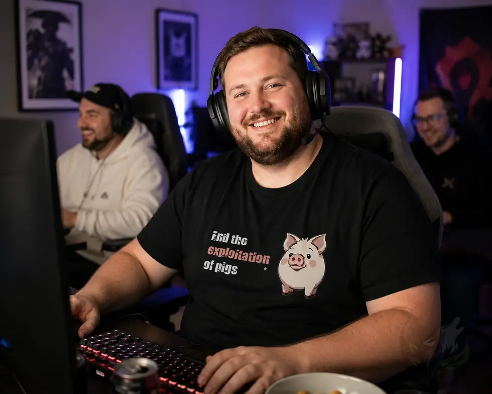 Thumbnail: Indoor lifestyle photo of a person gaming at a computer while wearing a black extended sizes End the Exploitation of Pigs quo