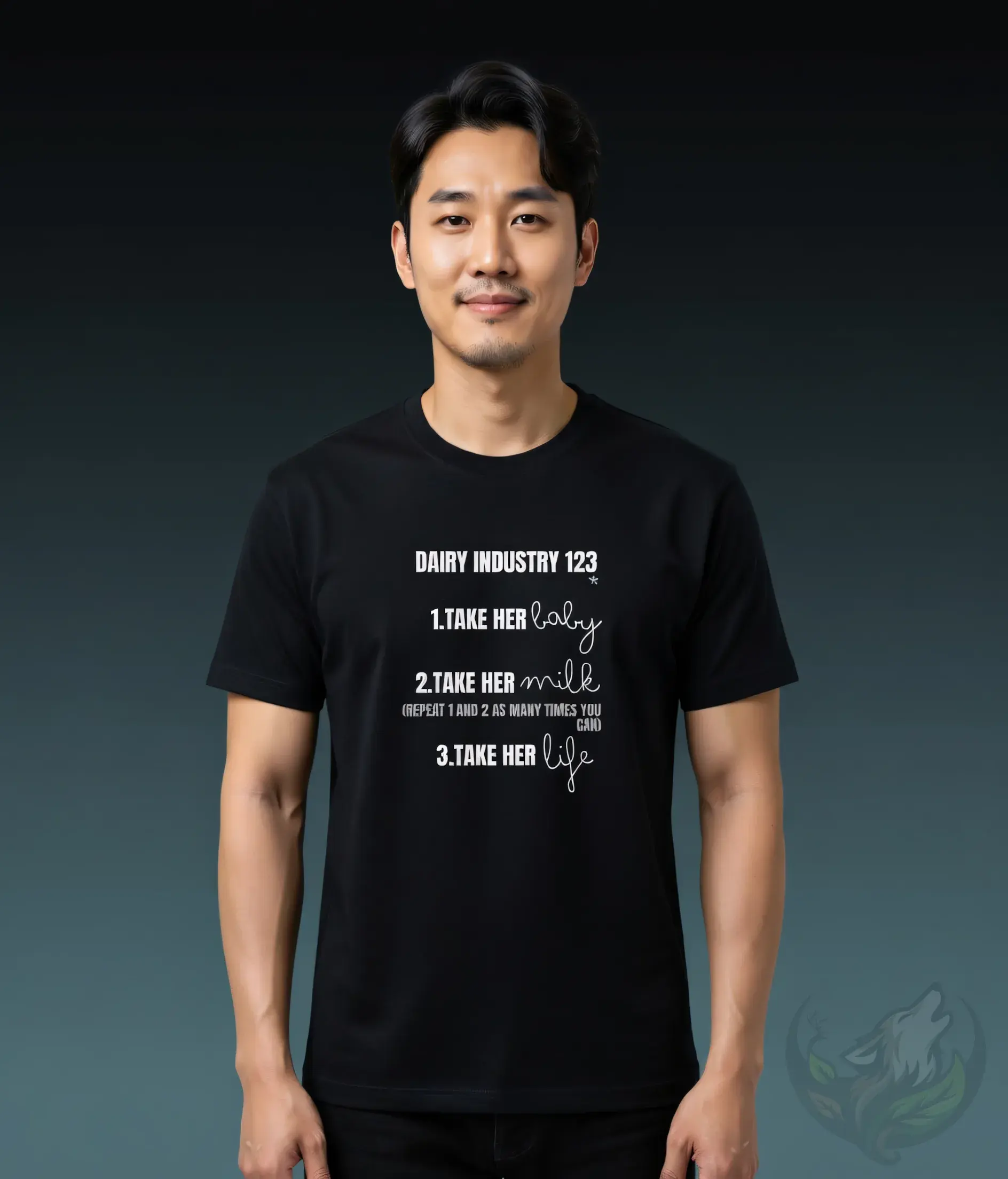 Black unisex t-shirt worn by smiling man, "Dairy Industry 123" vegan quote: Take her baby, milk & life.
