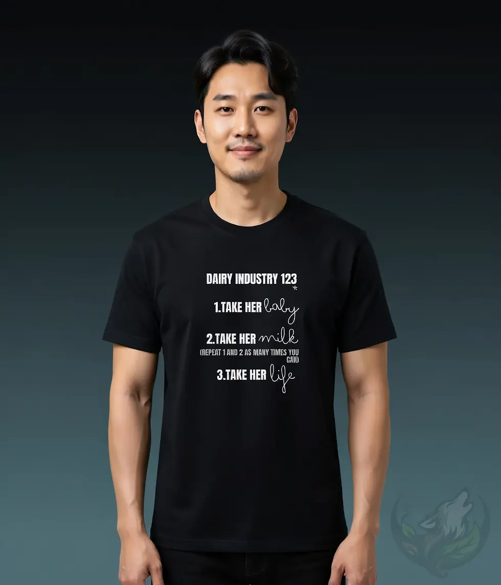 Black unisex t-shirt worn by smiling man, "Dairy Industry 123" vegan quote: Take her baby, milk & life.