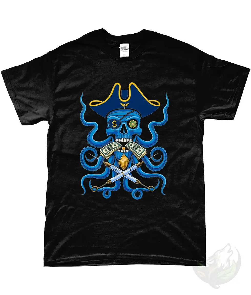 Thumbnail: Black unisex shirt with DefP Pirates of the Pharmaseas artwork showing blue pirate skull and octopus design