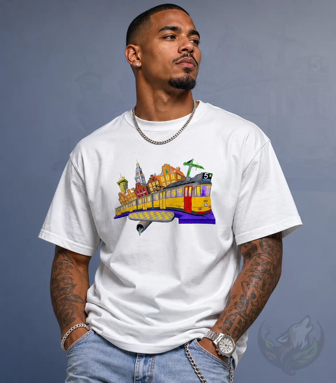 Tattooed male model wearing white DefP Tram 5 unisex shirt with colorful Amsterdam tram print