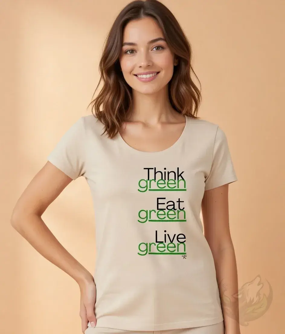 Thumbnail: Butter scoop‑neck tee with the Vegan Quotes “Think Green” design shown in a clean studio-style view.