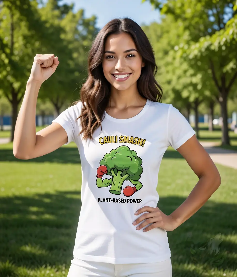 Thumbnail: White scoop neck tee with Cauli Smash vegan cartoon design worn in a sunny park with trees and grass.
