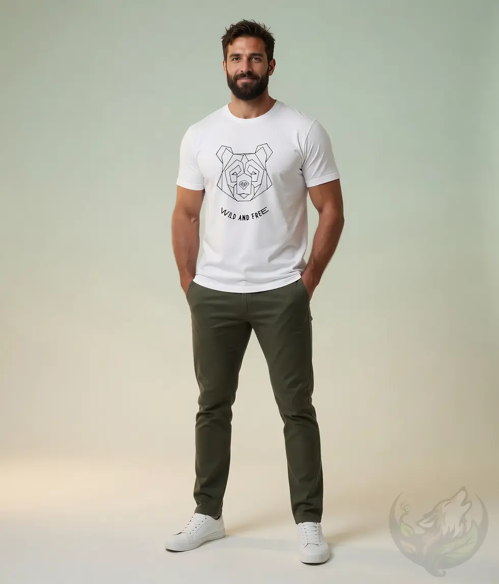 Thumbnail: White unisex t-shirt worn by smiling man with short hair, geometric bear "Wild and Free" design.