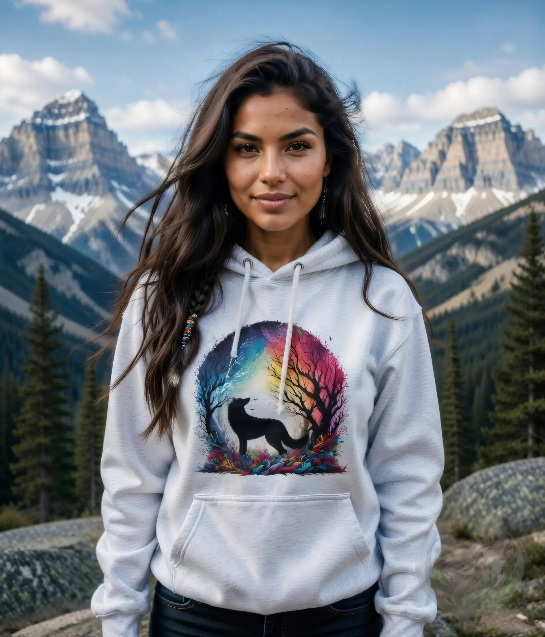 Woman with long dark hair wearing white Colorful Wildlife wolf hoodie in mountains, smiling at camera. Vibrant wolf design vi