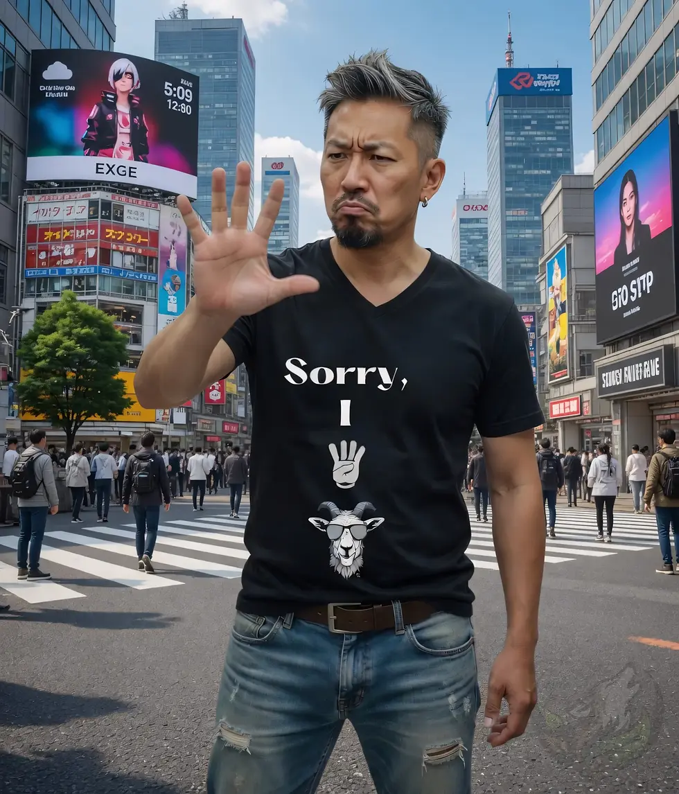 Thumbnail: Funny Sorry I 4 goat black V-neck shirt in city lifestyle scene, playful goat pun humor tee