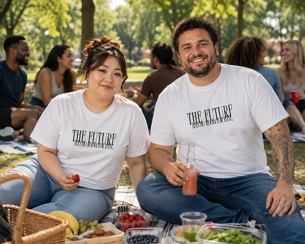 White extended sizes T‑shirt with the No Room for Hate design worn casually outdoors.