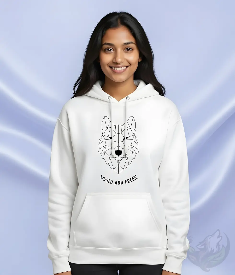 Thumbnail: White unisex hoodie displaying geometric wolf illustration with "WILD AND FREE" text underneath.
