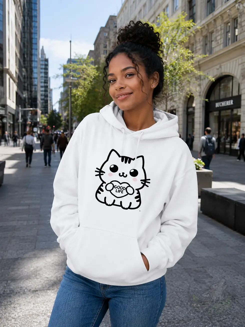 Thumbnail: Woman wearing a white Good Life Cat hoodie with a cute kitten holding a heart while walking through the city
