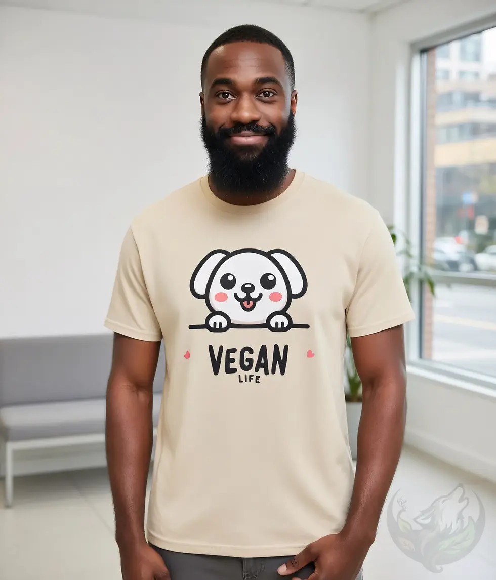 Thumbnail: Natural unisex t-shirt on smiling bearded man, playful cartoon dog peeking with "VEGAN LIFE" lettering.
