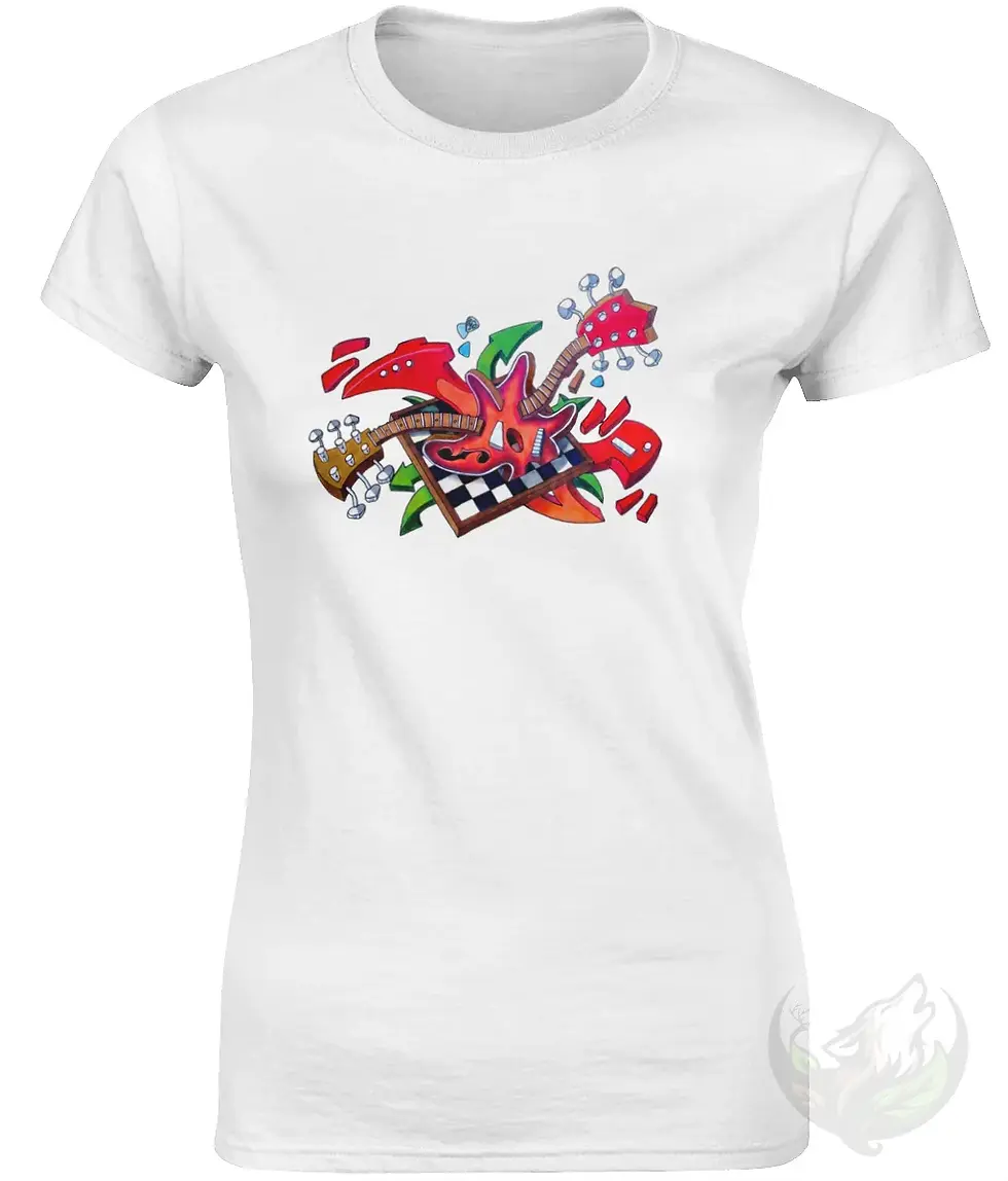Thumbnail: Fitted white women’s DefP Guitarjam shirt with a painted musical collage design.