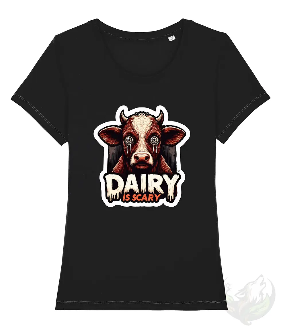 Thumbnail: Black scoop‑neck tee with the Vegan Quotes “Dairy Is Scary” design shown in a studio mockup setting.