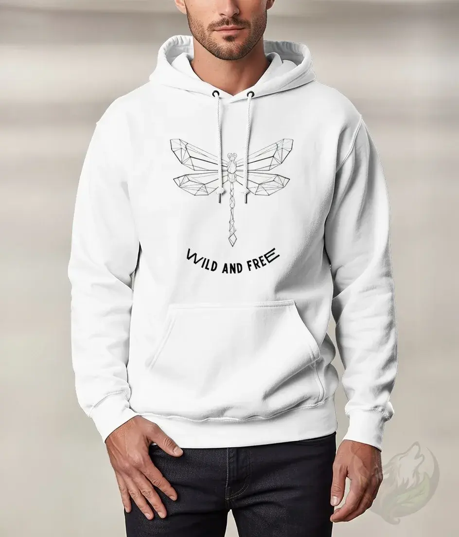 Thumbnail: White unisex hoodie with black geometric dragonfly illustration and "WILD AND FREE" text below.