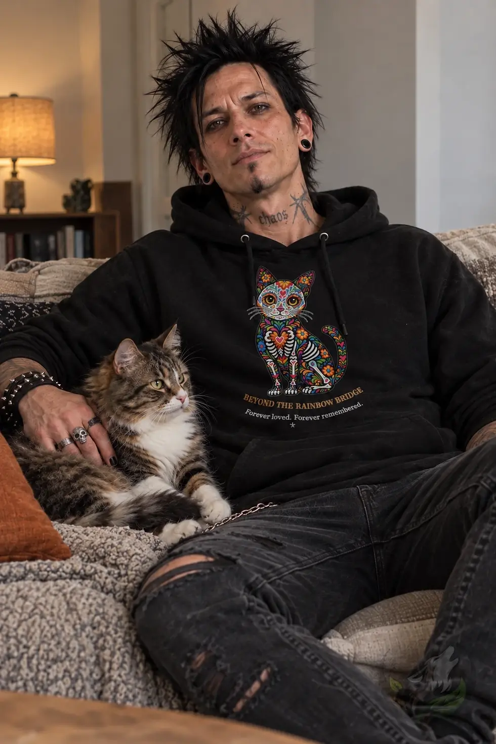 Man wearing a black Beyond the Rainbow Cat memorial hoodie while relaxing with his cat